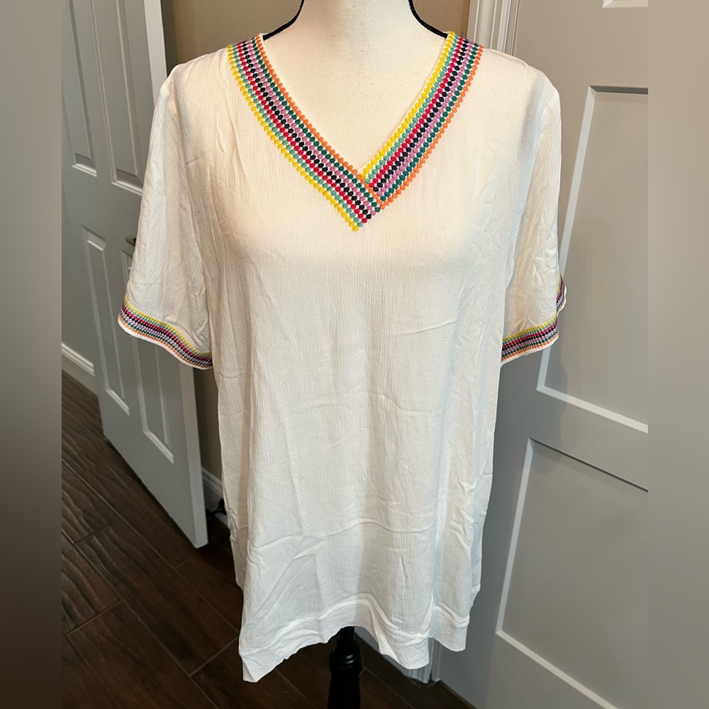 Washco Erin White V-Neck Top with Colorful Trim